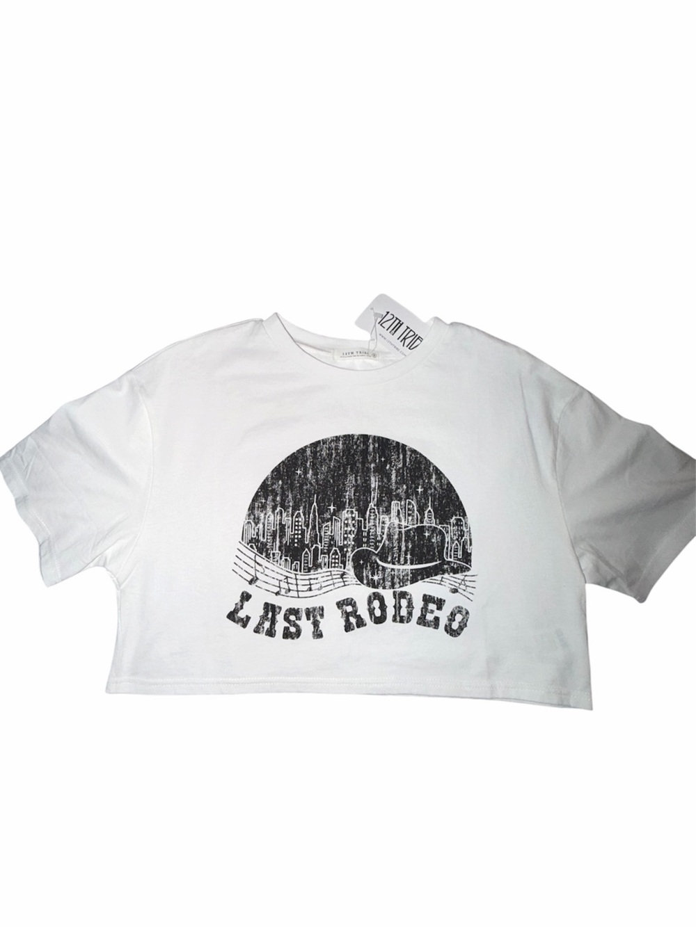 12th Tribe White Crop Tee with Black City Guitar Graphic